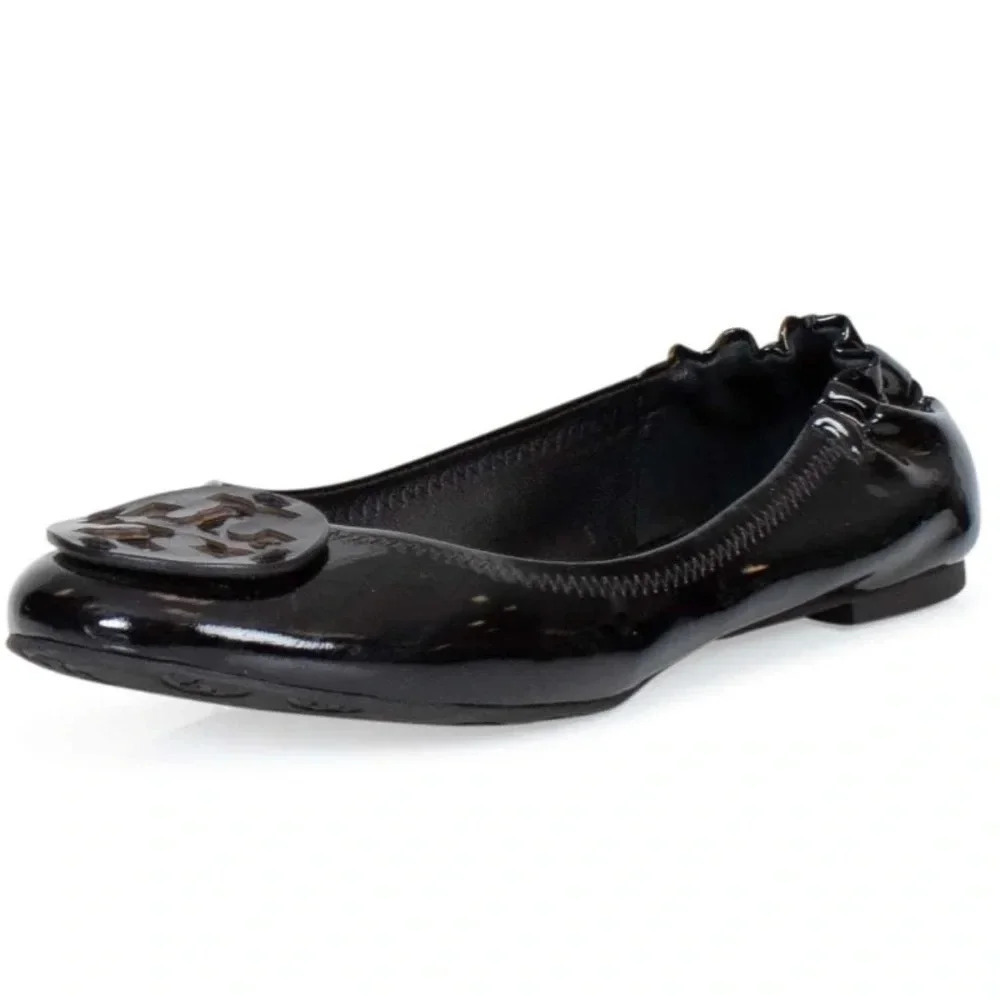 Tory Burch Reva Patent Leather Black Ballet Flats  Applique Logo Round Toe Sz 4